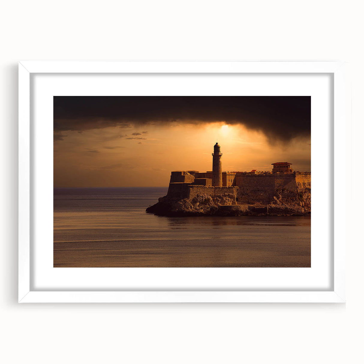 Textured abstract art print of a Caribbean scene in muted blue and green, framed in white, ideal for bedroom art.