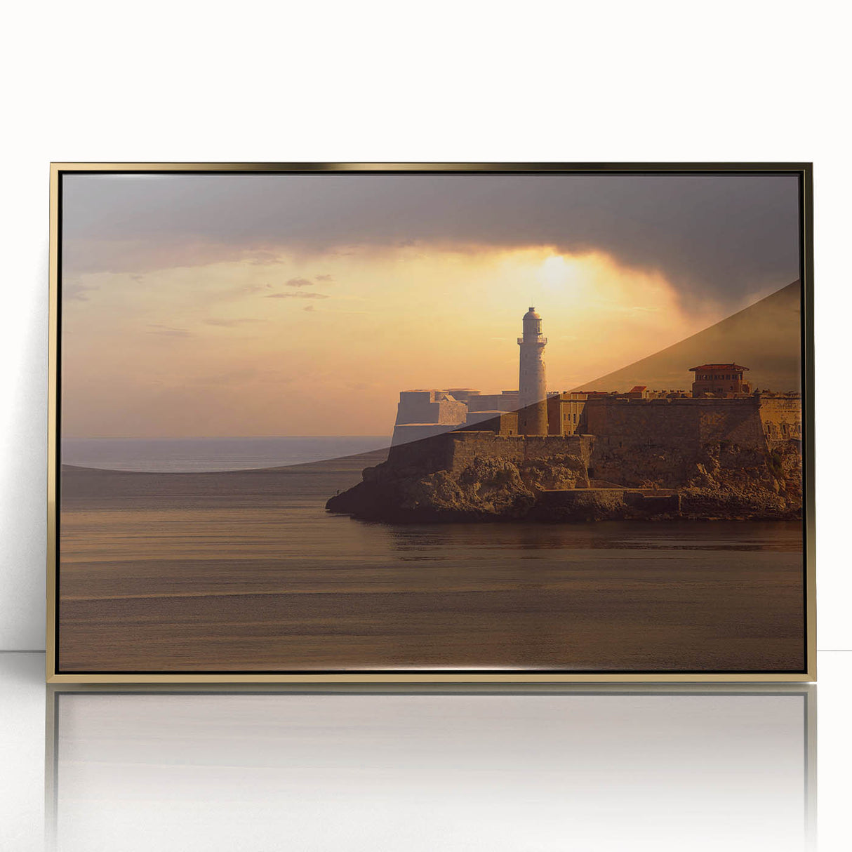 Art deco poster of a Caribbean Cuban scenery on a framed acrylic, featuring vibrant gold and blue tones.