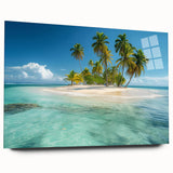 Large abstract wall art of a Caribbean scenery in vibrant turquoise and blue tones on acrylic glass.