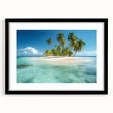 Abstract art print of vibrant Caribbean scenery in textured colors on a large black-framed canvas.