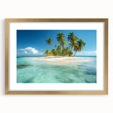 Textured art featuring abstract Caribbean scenery in vibrant blue and green hues, framed in gold, ideal for bedroom art.