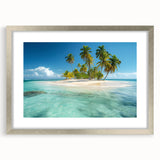 Abstract art print of a Caribbean scenery in muted blue and green tones, framed in silver.
