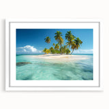 Extra large abstract art print featuring textured Caribbean scenery in vibrant blue and green tones, framed with a white mat.
