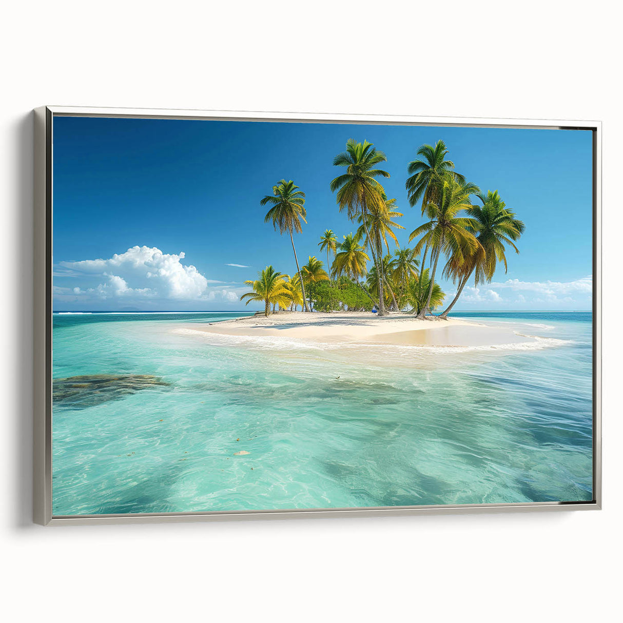 Landscape art painting of a Caribbean scenery on a framed canvas, featuring vibrant colors and a vintage poster style.
