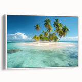 Vintage poster art of a Caribbean scenery on framed canvas, featuring vibrant colors, ideal for living room decor.