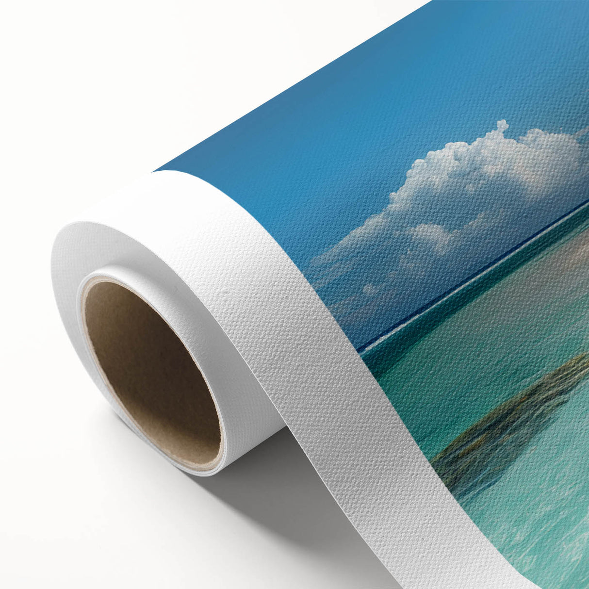 Art Deco style poster of a Caribbean scenery on rolled canvas, with vibrant blue and green tones, ideal for nursery wall art.