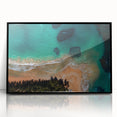 Large abstract wall art depicting a Caribbean scene in vibrant blue and green tones on a framed acrylic.