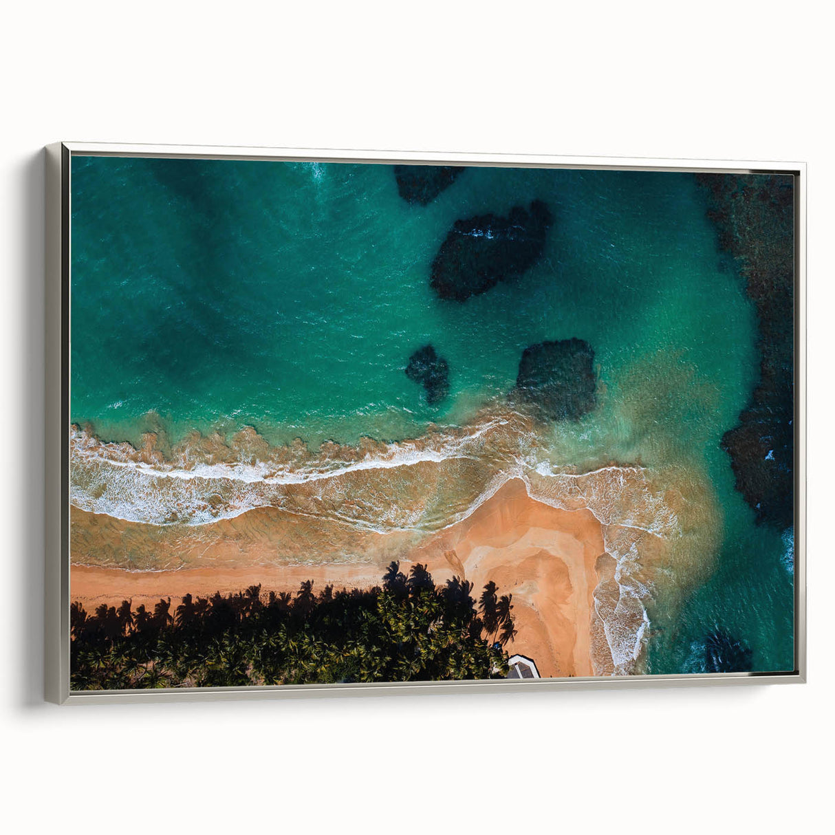 Framed canvas landscape art painting featuring a vintage Puerto Rican coastal scene in vibrant colors.