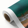 Art deco poster of a Caribbean scenery in pastel blue and green, rolled canvas, ideal for nursery wall art.