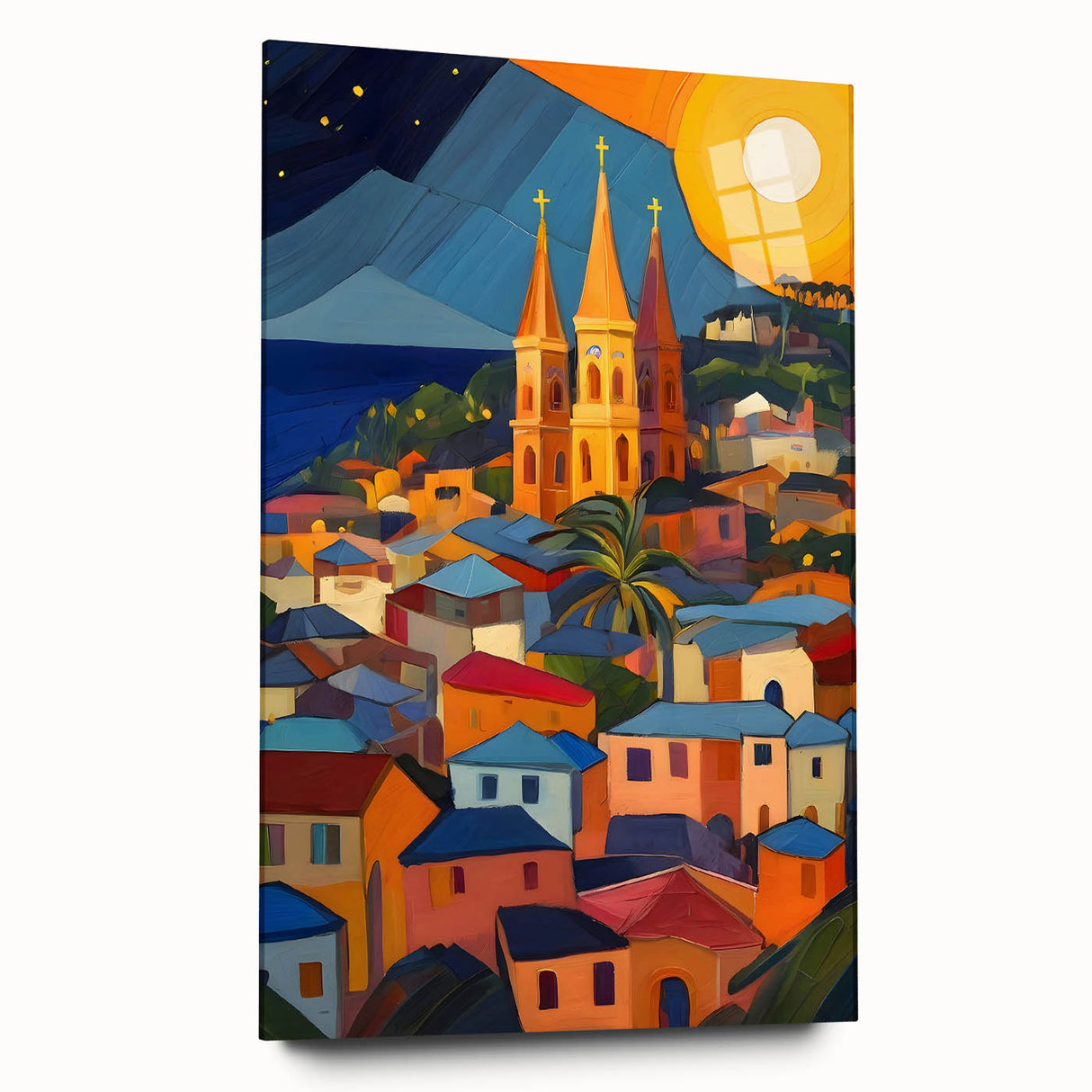 Large abstract wall art of Caribbean Saint Lucia scenery in vibrant blue and green hues on acrylic glass.