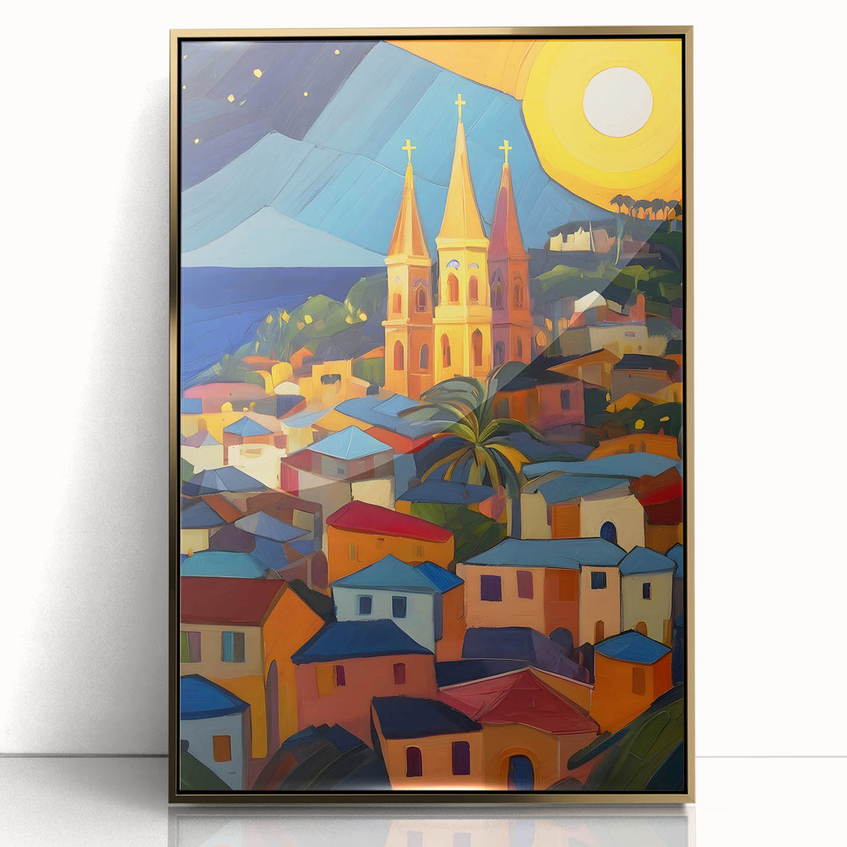 Acrylic print of a Caribbean scenery in Saint Lucia with gold frame, featuring lush green landscapes and blue waters.