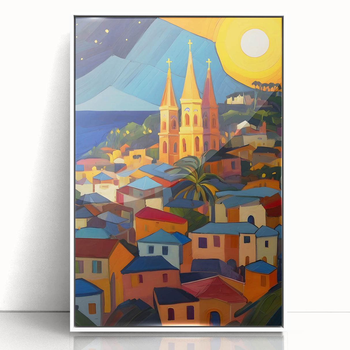 Mid-century modernist art of Caribbean Saint Lucia scenery in vibrant colors on a white-framed acrylic.