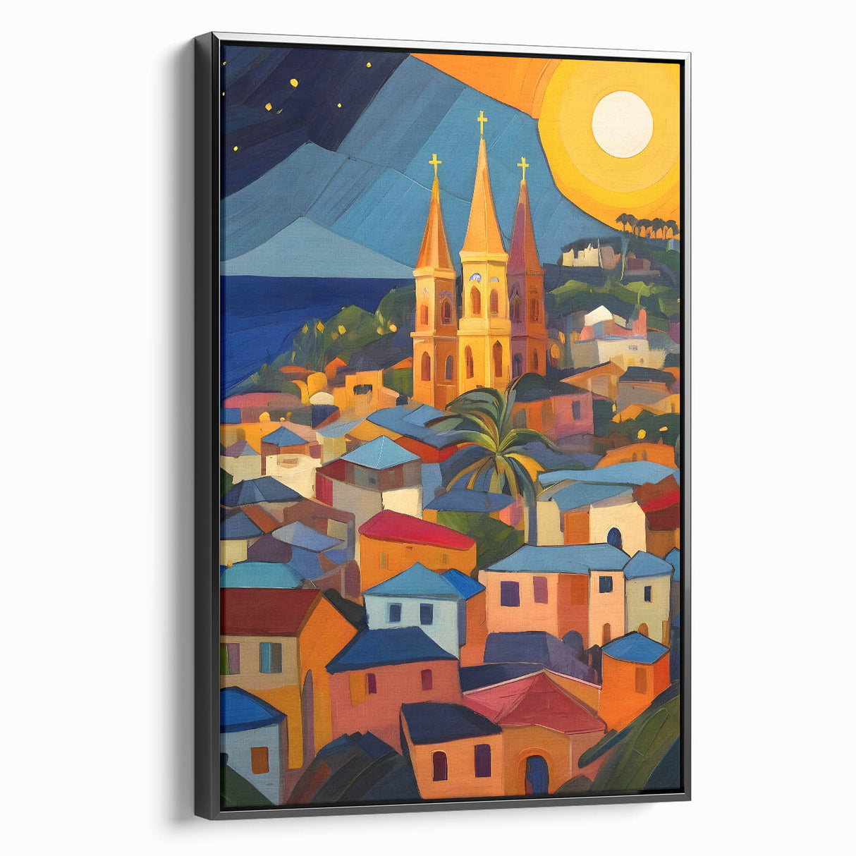 Black and white framed canvas of a vintage Saint Lucia landscape, ideal for bedroom wall decor.