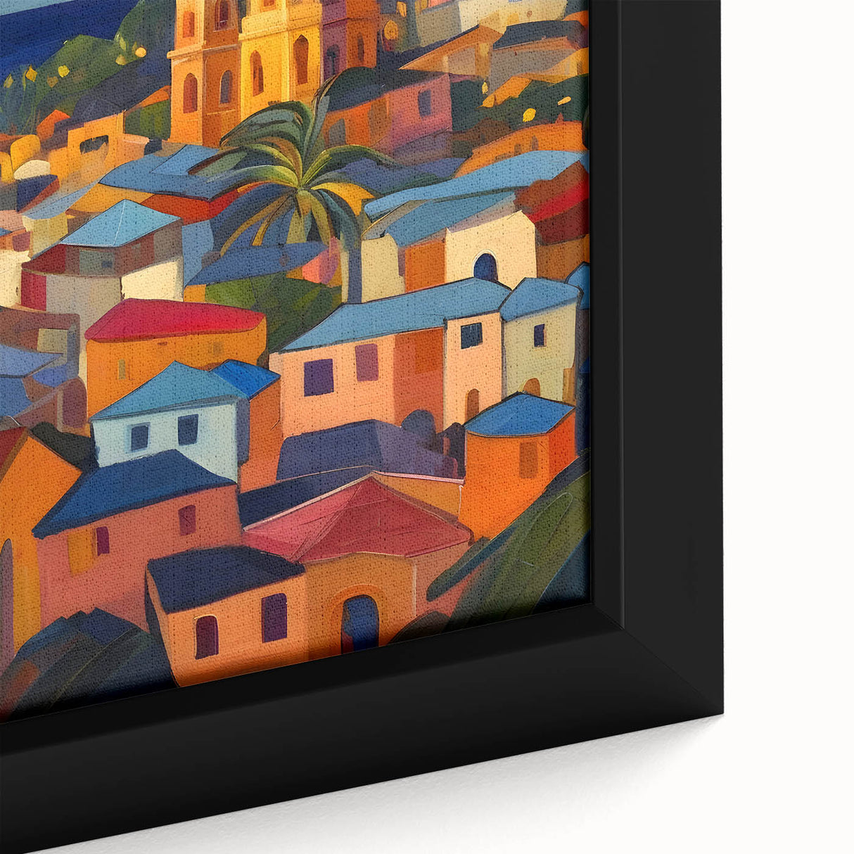 Black wall art featuring a textured depiction of Saint Lucia with vibrant colors on a framed canvas.