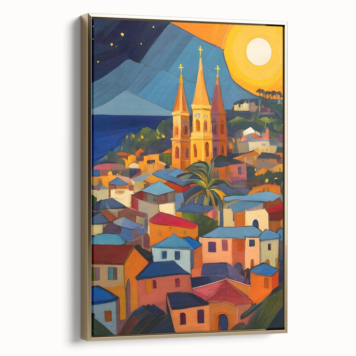 Framed canvas depicting a vintage-style Caribbean landscape in muted gold and black tones, ideal for bedroom wall art.