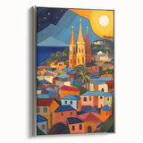 Framed canvas landscape art painting featuring a colorful Caribbean scene, ideal for enhancing living room decor.