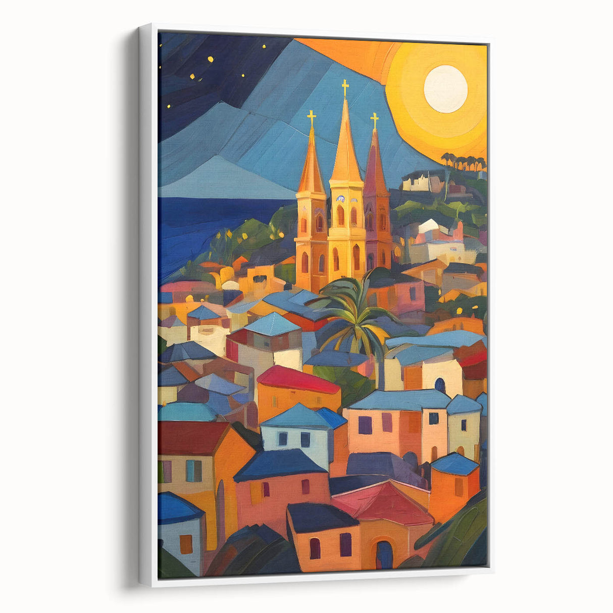 Vintage poster art of Saint Lucia scenery on extra large framed canvas, with vibrant color palette.