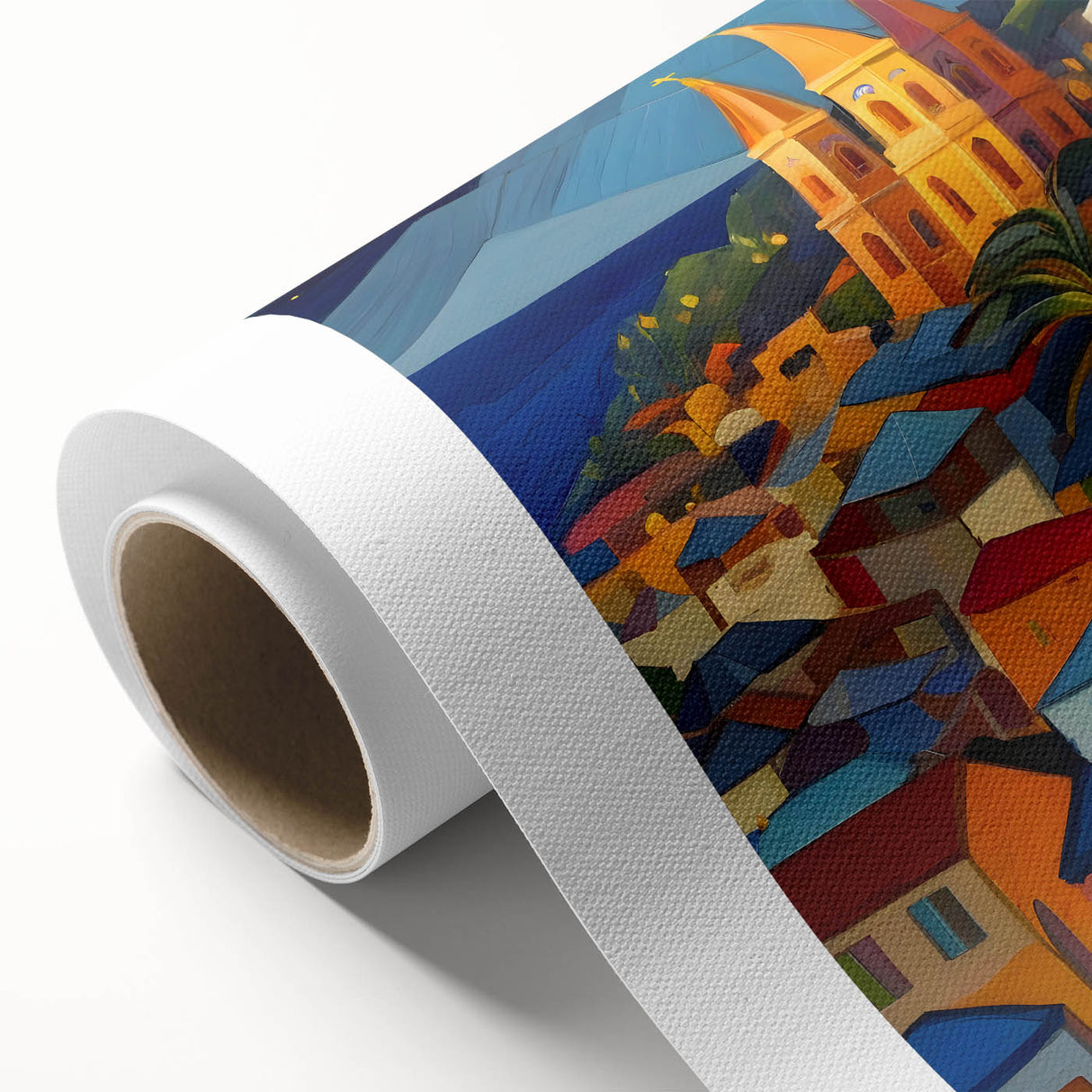 Art Deco style poster of Caribbean scenery on rolled canvas, ideal for nursery wall art.