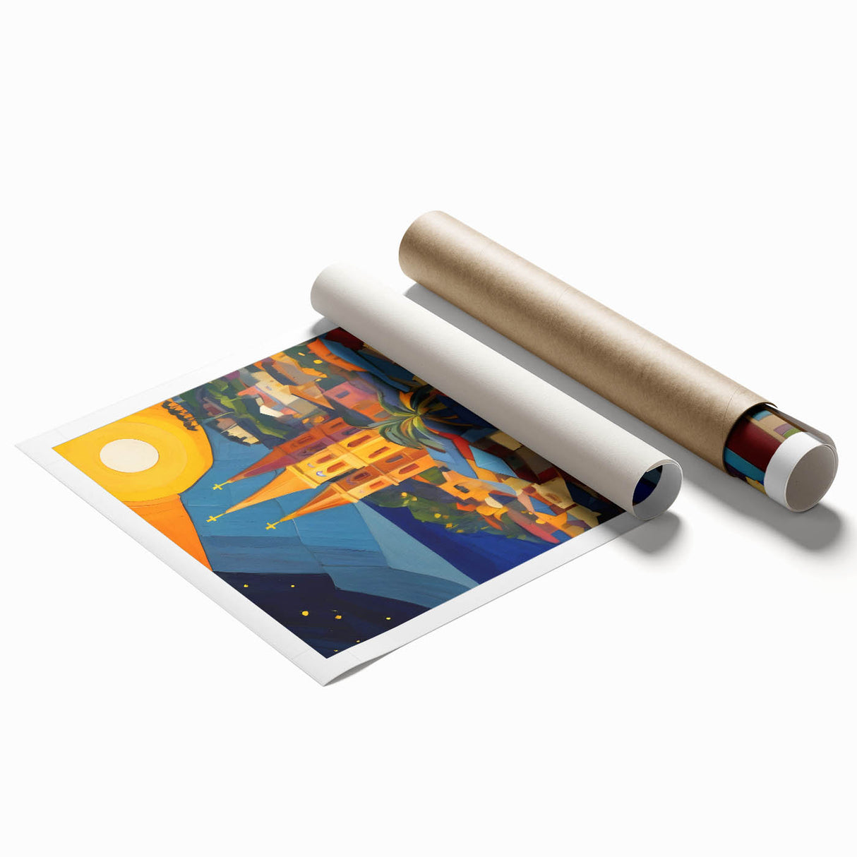 Extra large rolled print featuring a serene Caribbean Saint Lucia scenery with lush florals in vibrant green and blue tones.