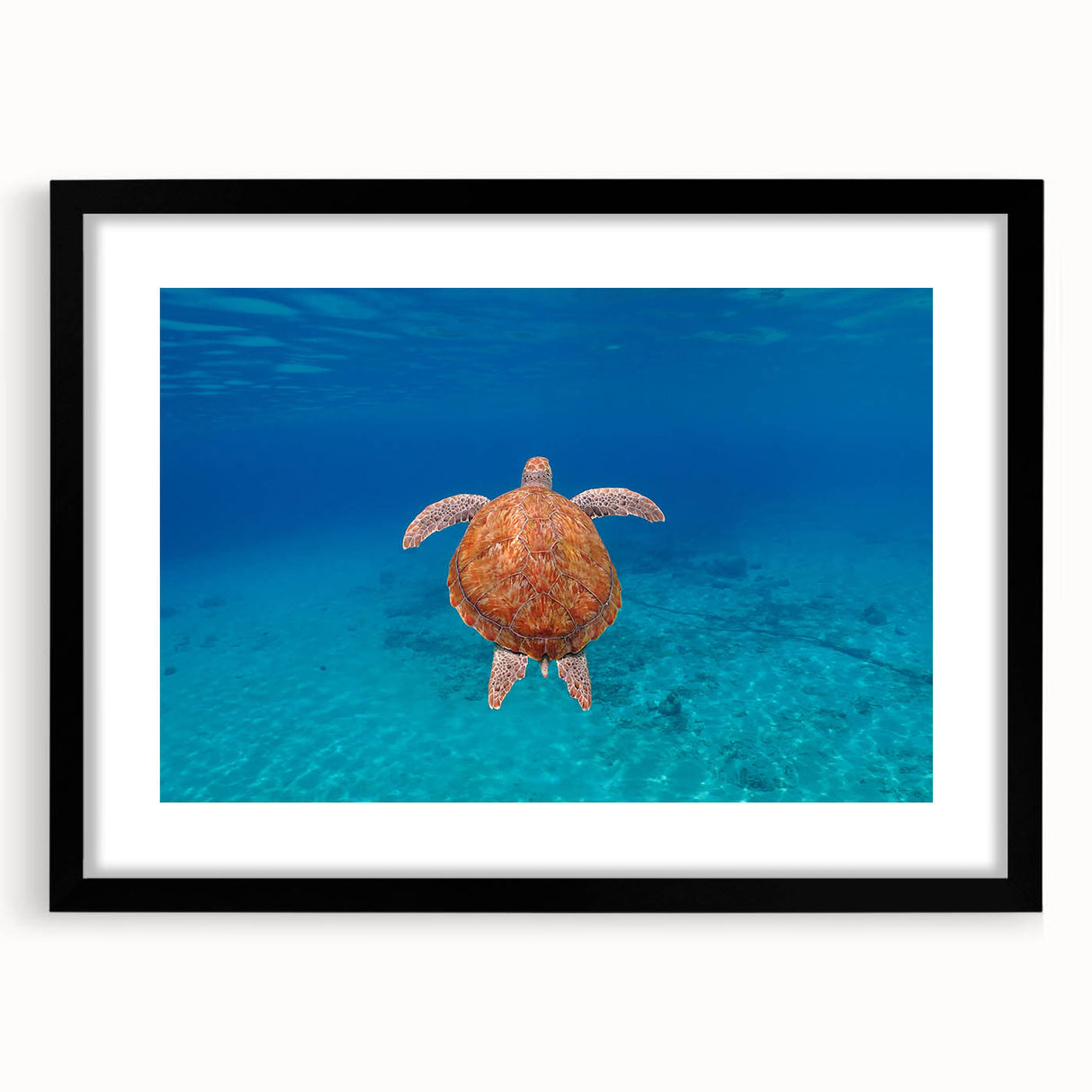 Extra large, colorful abstract art print of the Caribbean Virgin Islands, textured on a black framed mat.