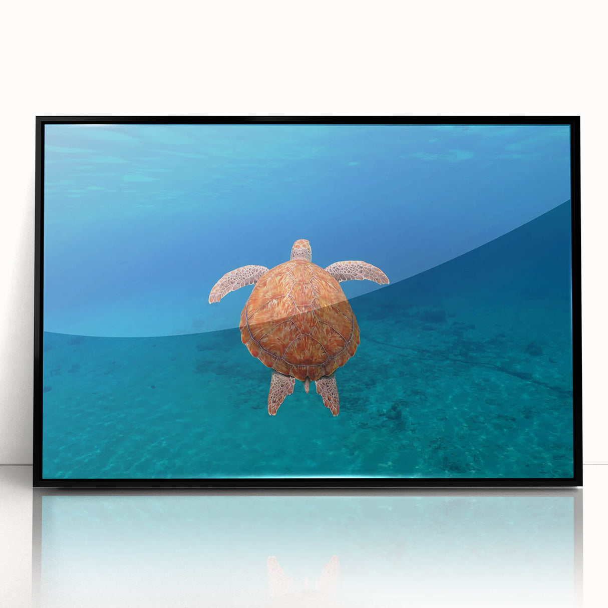 Large abstract wall art depicting the Caribbean Virgin Islands in vibrant blue and green tones, framed in black acrylic.