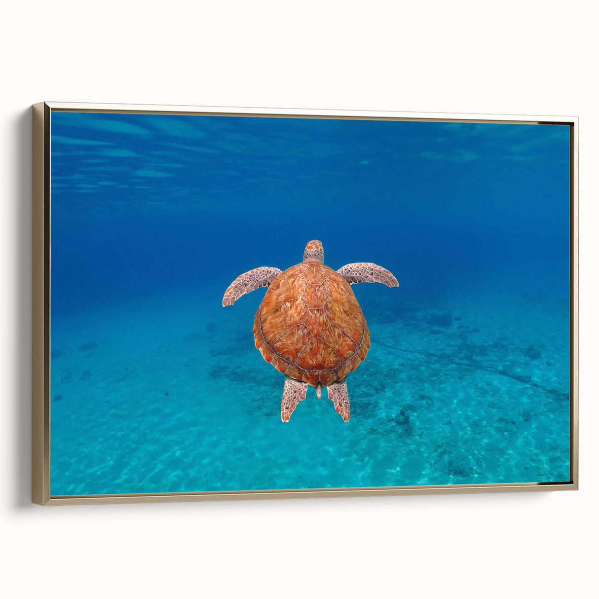 Framed canvas depicting a serene Caribbean landscape in muted blues and greens, ideal for bedroom wall art.