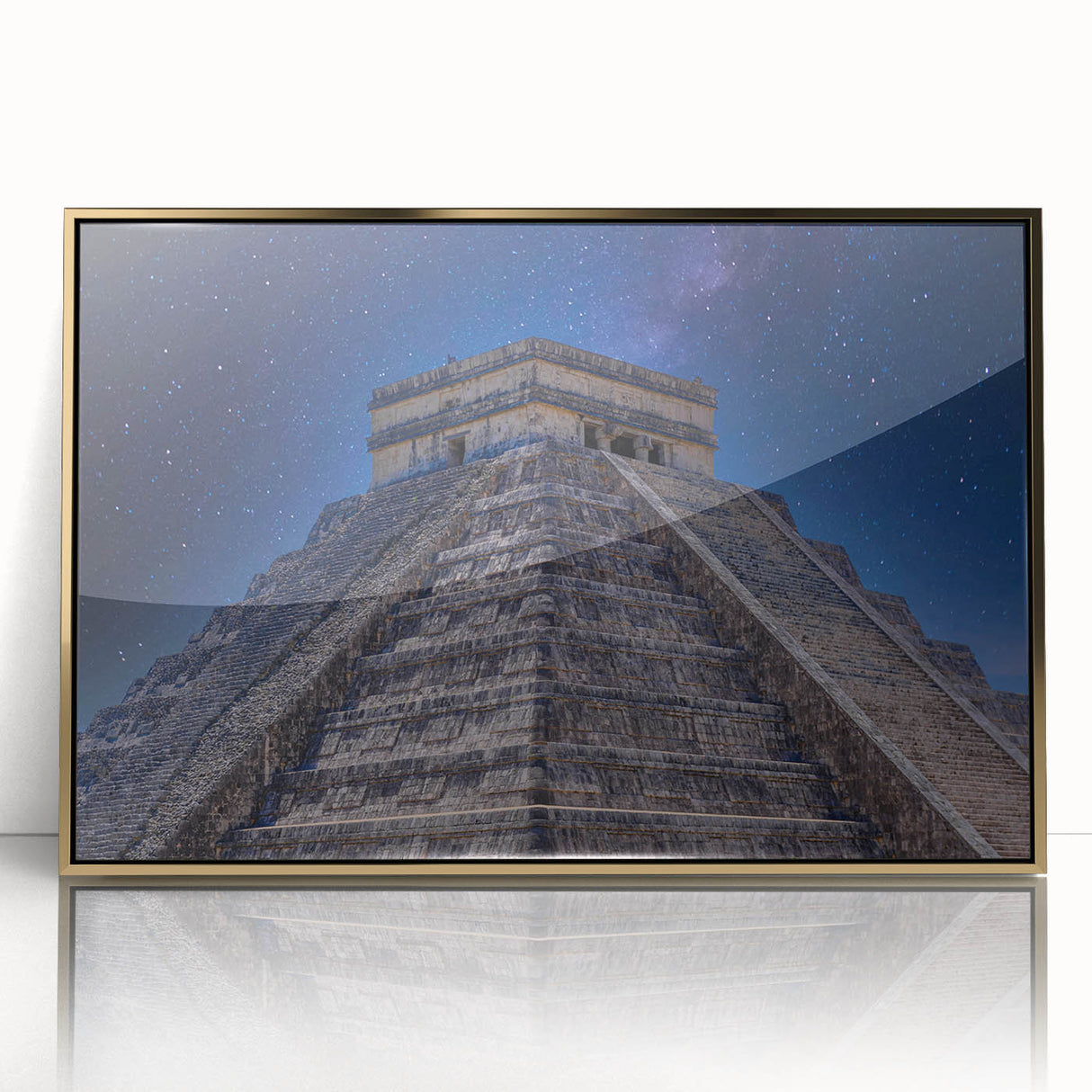 Mid-century modernist scene of Belize in gold acrylic frame, featuring vibrant greens and blues.