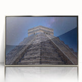 Mid-century modernist art depicting a serene Belize landscape in muted green and blue tones, framed in silver acrylic.