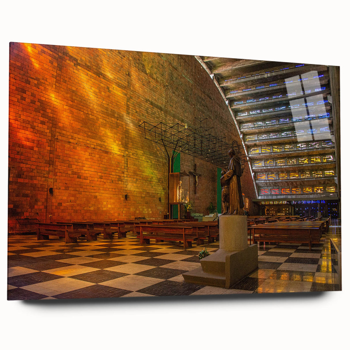 Large abstract wall art of a Central American landscape in vibrant greens and blues on acrylic glass.