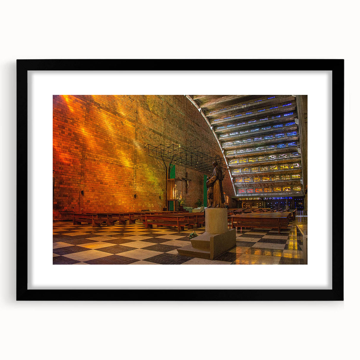 Extra large, textured abstract art print featuring vibrant colors of a Central American scenery, framed in black.