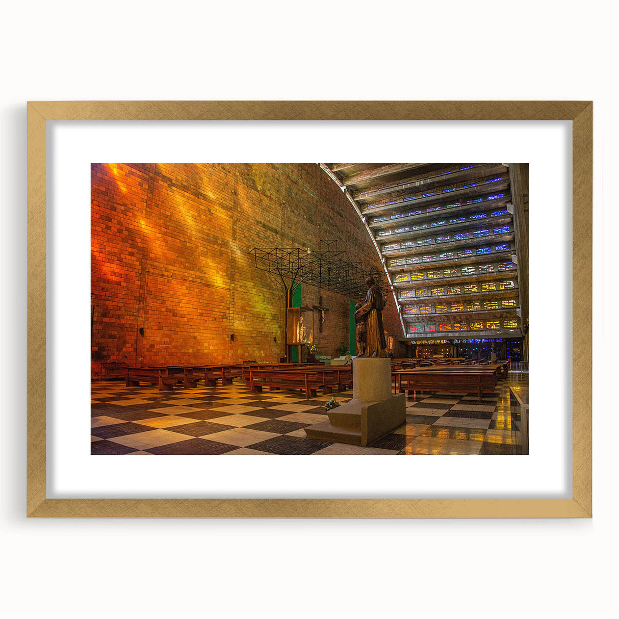 Extra large abstract art print of Central American scenery in gold frame, with textured details.