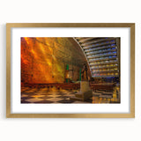 Extra large abstract art print of Central American scenery in gold frame, with textured details.