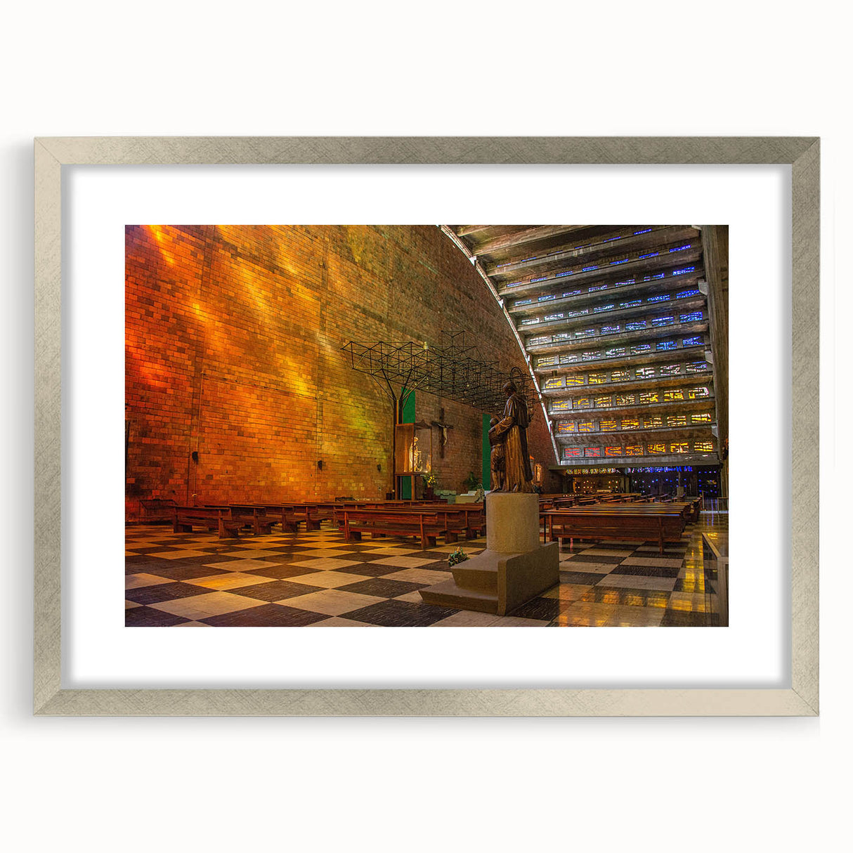 Textured abstract art print depicting a Central American scenery in muted earth tones, framed in silver.
