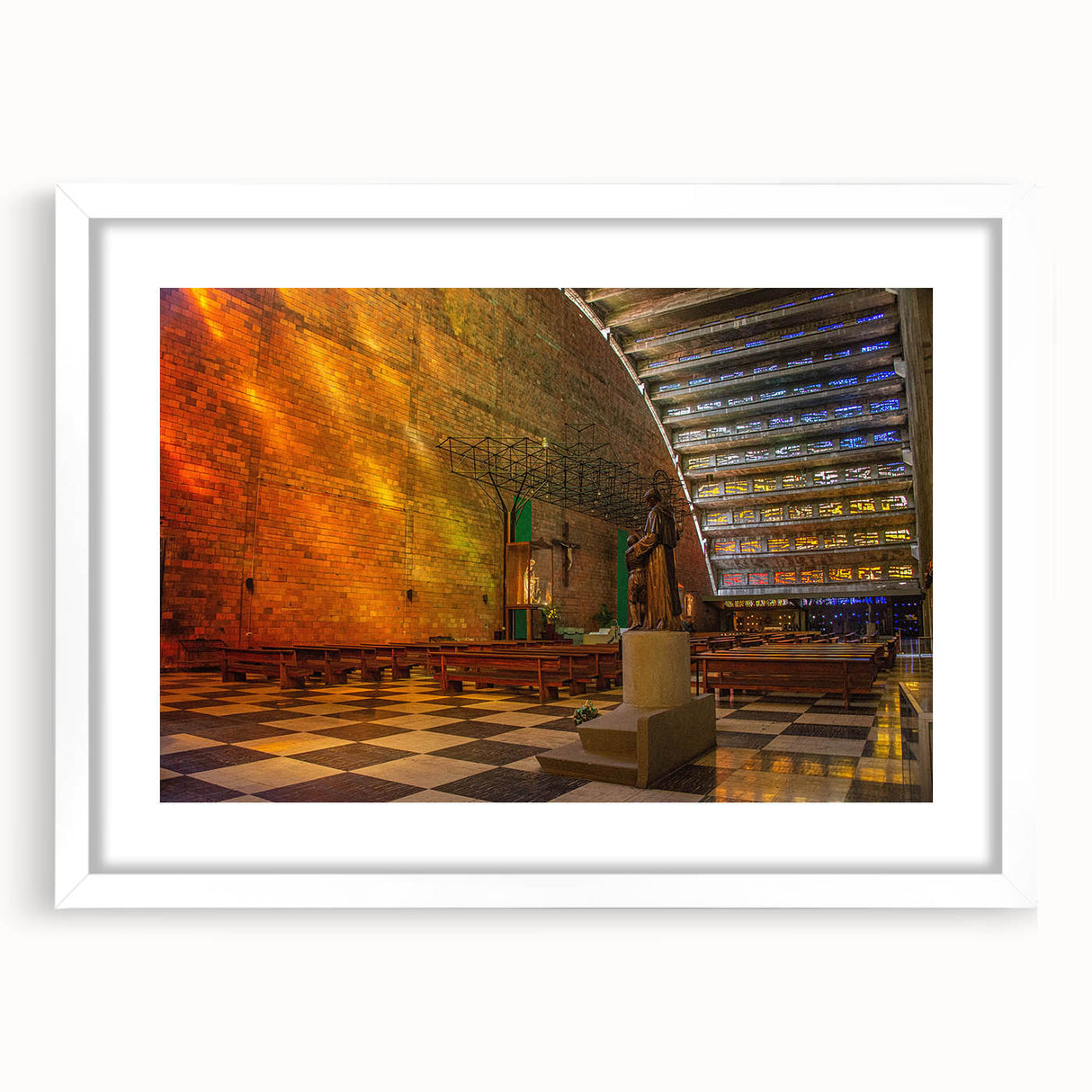 Abstract art print depicting a vibrant, colorful Salvadoran landscape on a white-framed mat, ideal for dining room decor.