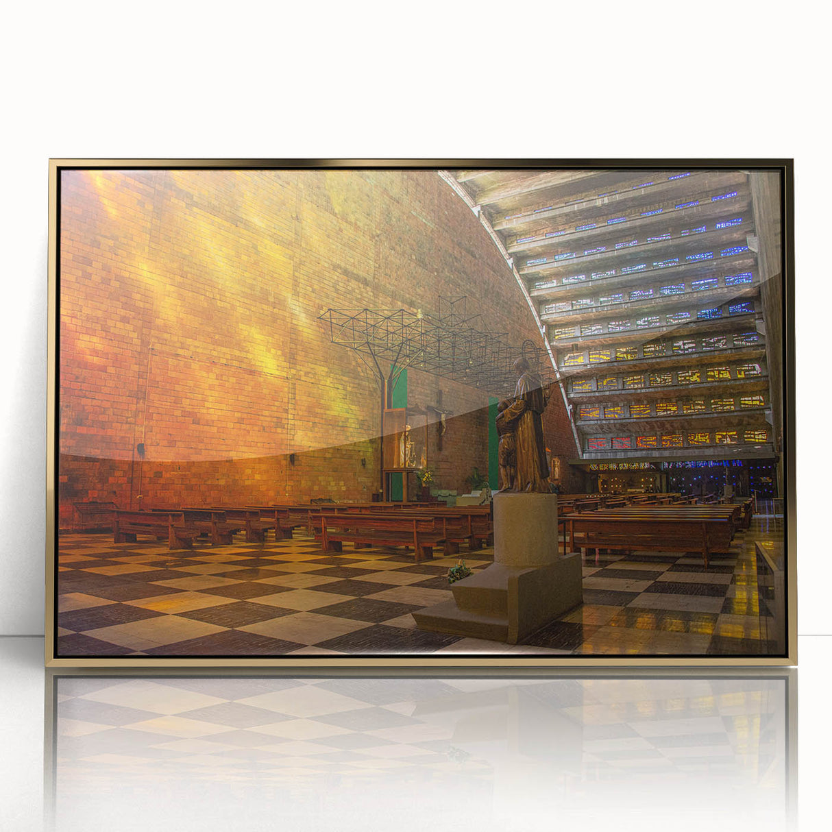 Mid-century modernist art of a Central American landscape in gold frame, ideal for modern nursery wall decor.