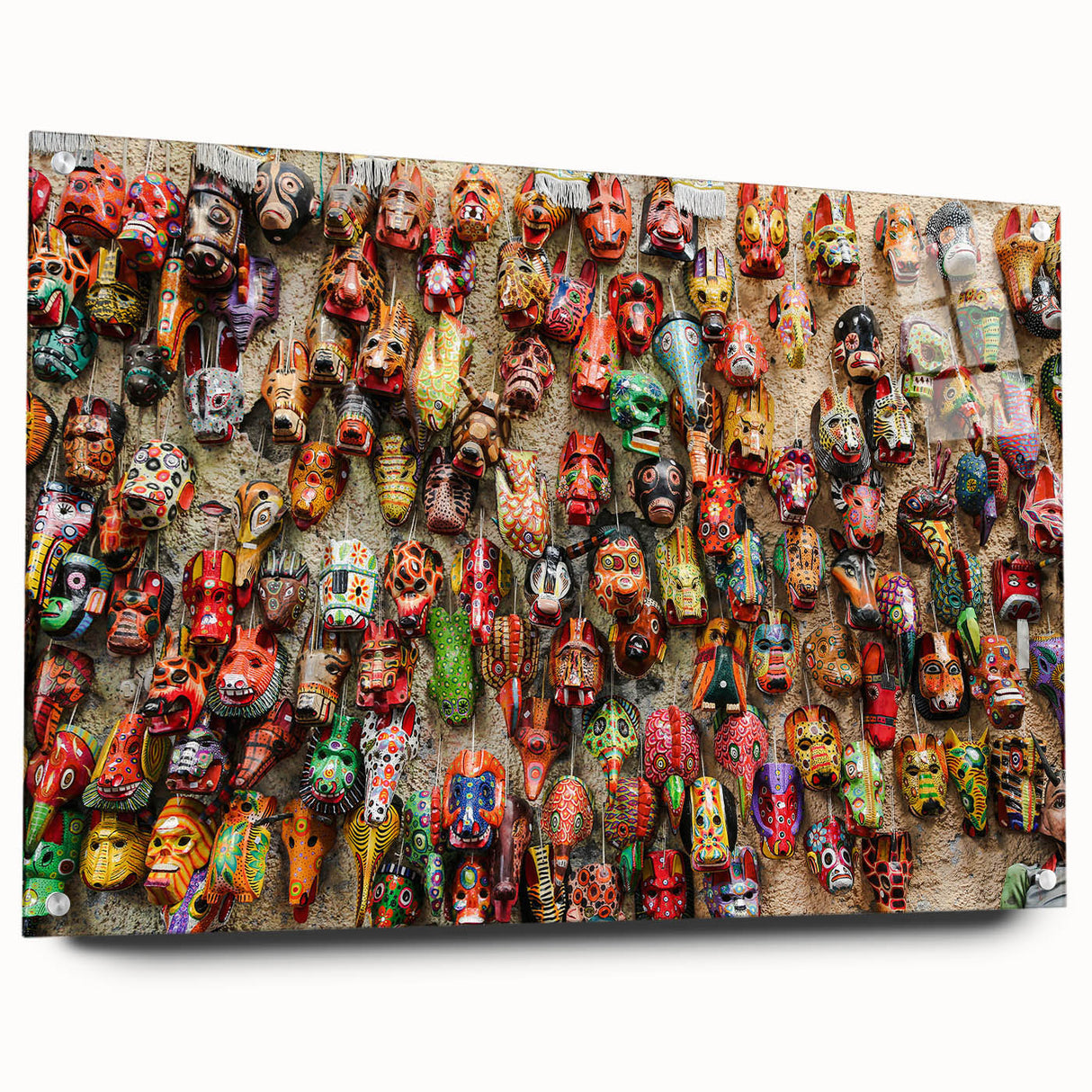 Large abstract wall art depicting a Central American scenery in vibrant earth tones on acrylic glass.