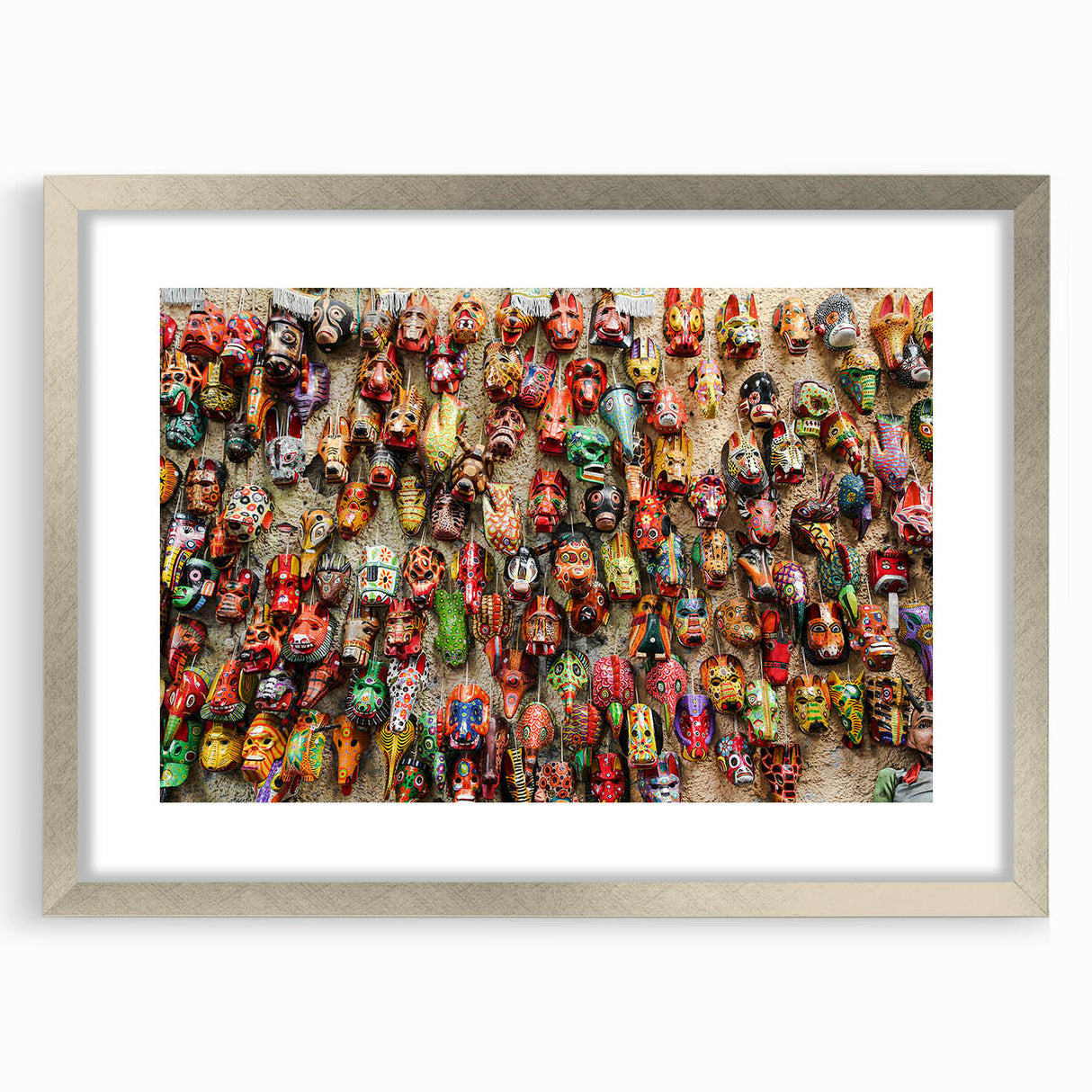 Extra large black wall art featuring a textured, colorful Central American scenery in a silver frame.
