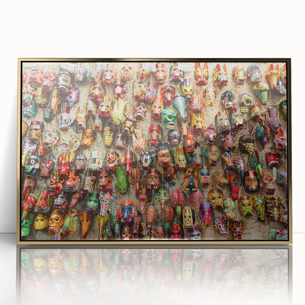 Framed acrylic print of a Guatemalan landscape in gold hues, ideal for modern art wall decor.