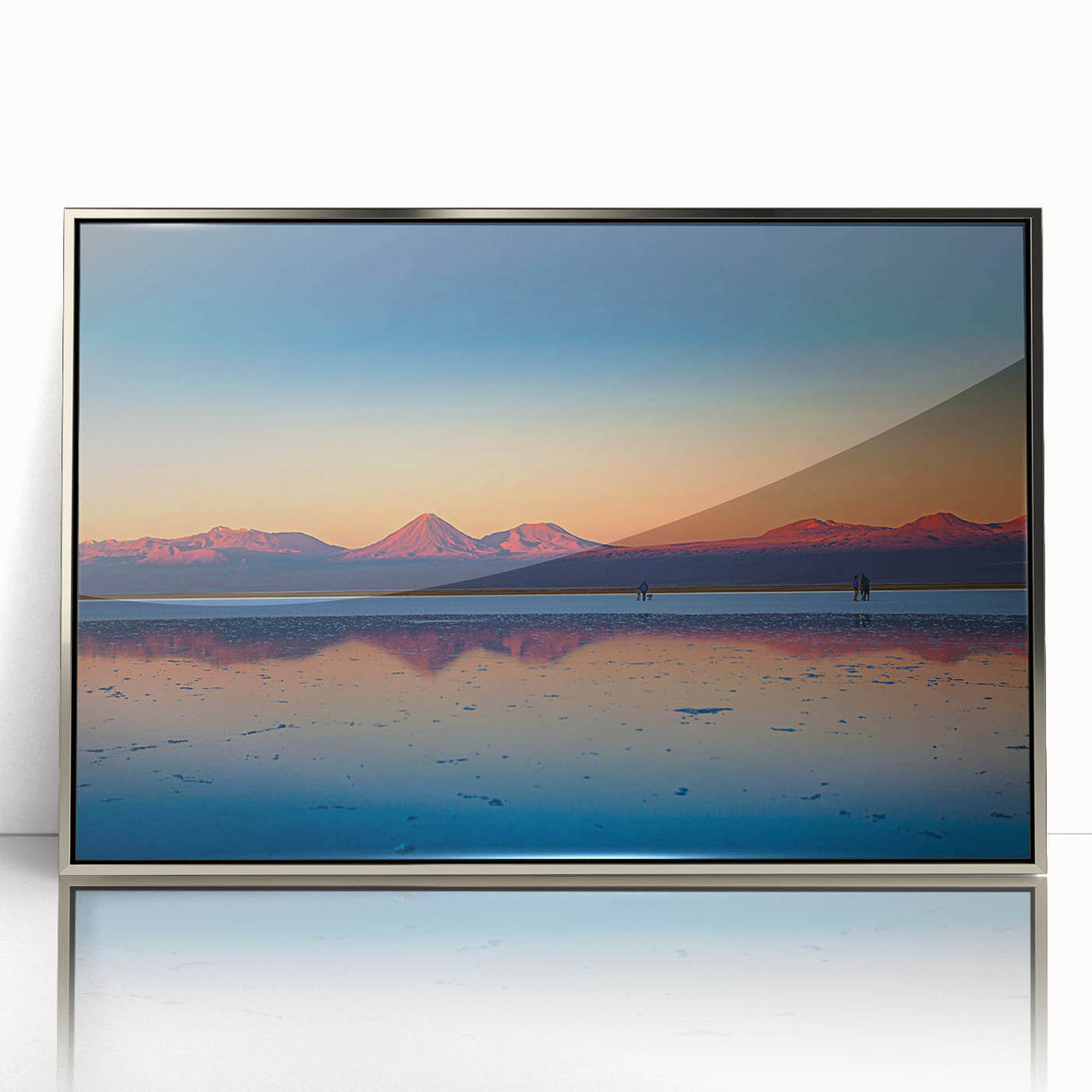 Mid-century modernist art depicting a serene Nicaraguan landscape in muted earth tones, framed in silver acrylic.