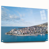 Large abstract wall art of a European Albanian scenery on acrylic glass, in muted earth tones, ideal for dining room decor.