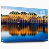 Large abstract wall art depicting a European scenery in vibrant blue and green tones, acrylic glass format.