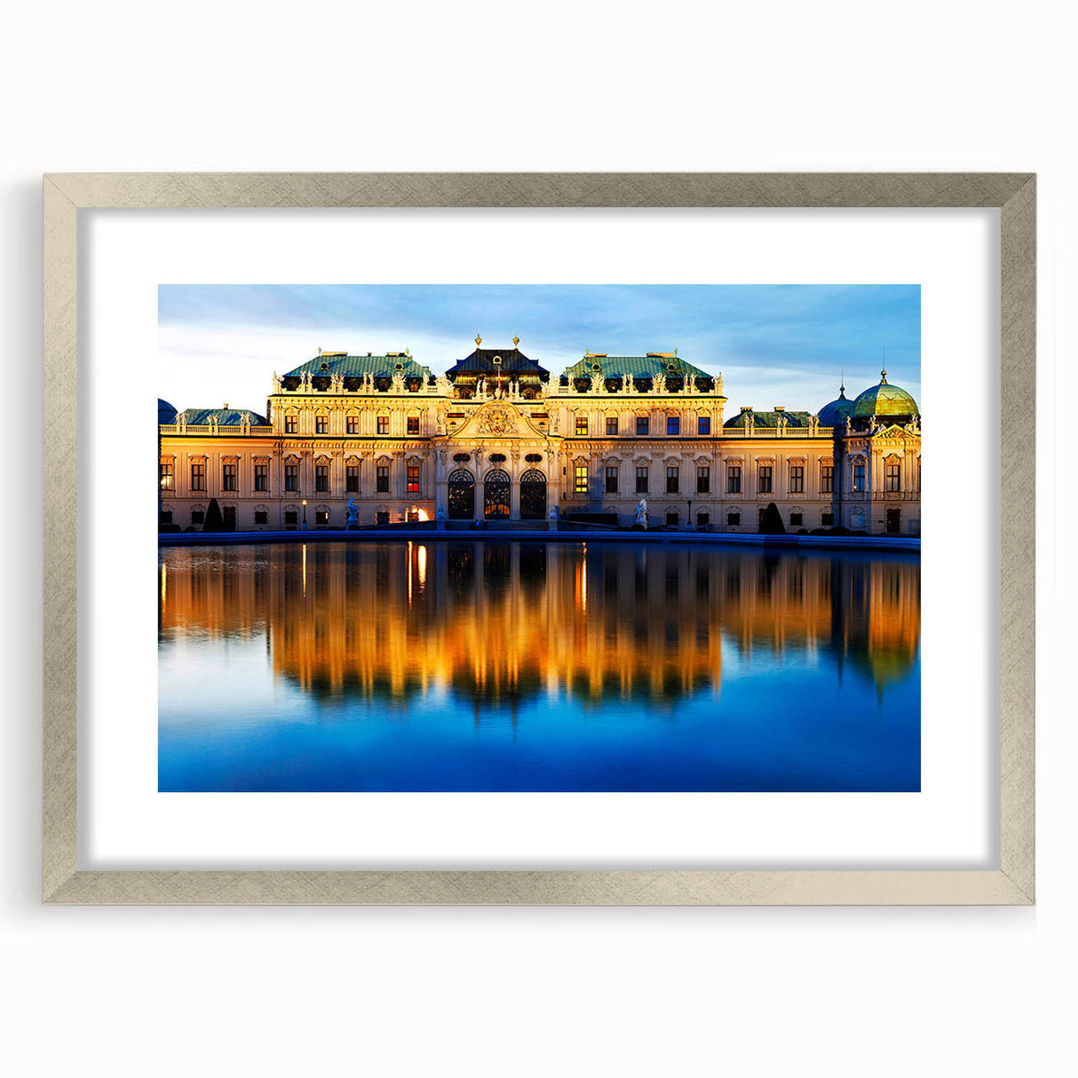 Extra large abstract art print depicting a textured European scenery in muted earth tones, framed in silver.