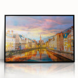 Large abstract wall art featuring a European Belgium cityscape in muted gray and blue tones on a framed acrylic print.
