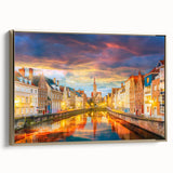 Framed canvas featuring a vintage-style landscape painting of a Belgian scenery in black and gold tones.