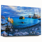 Acrylic print of a European Cyprus landscape in muted earth tones, suitable for dining room decor.