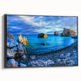 Black and white vintage poster art of a European landscape on framed canvas, ideal for bedroom decor.