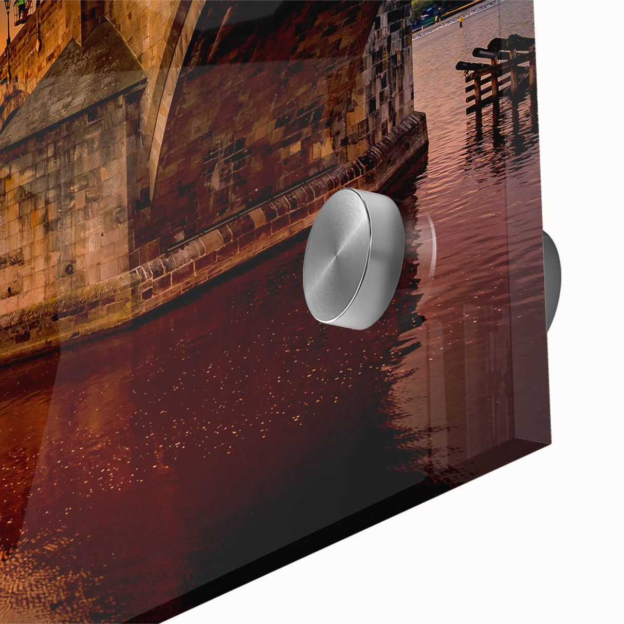 Large acrylic glass print of Prague scenery in muted earth tones, ideal for dining room art.