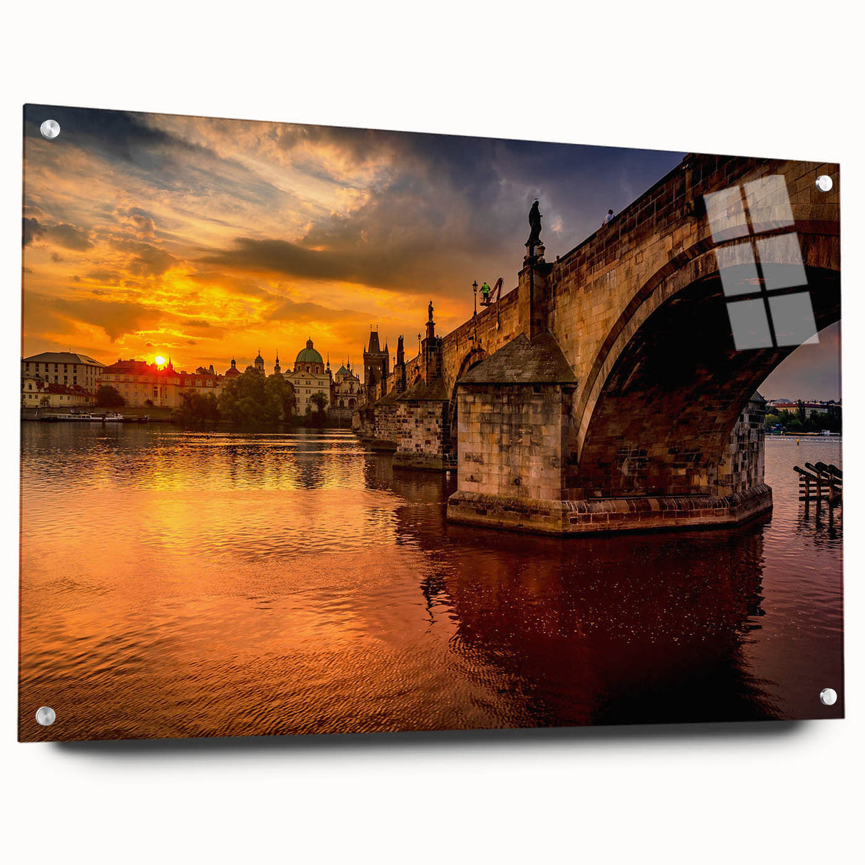 Acrylic print of Prague scenery with muted earth tones, ideal for dining room decor.