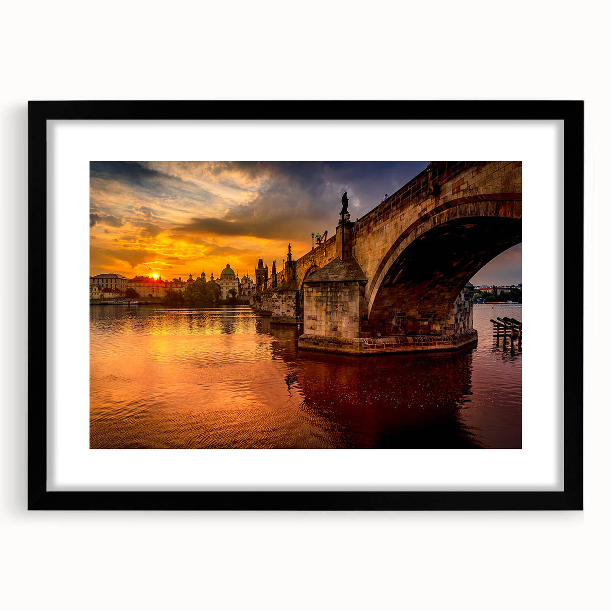 Colorful abstract art print of Prague scenery in textured style on a large framed canvas, ideal for living room decor.