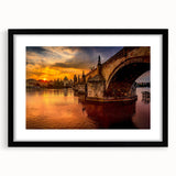 Colorful abstract art print of Prague scenery in textured style on a large framed canvas, ideal for living room decor.